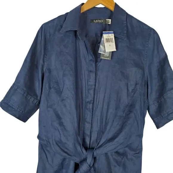 NEW Lauren Ralph Lauren Tie Front Linen Shirtdress Sz 10 Navy Blue Short Sleeve - Picture 4 of 13